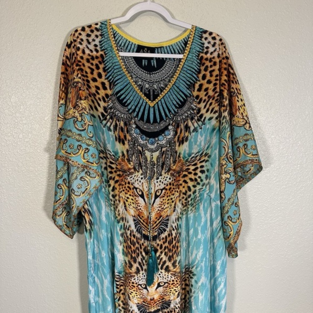 ASA Kaftans Leopard Print Beaded Maxi Dress Slit  O/S Boho‎ Resort Maximalist